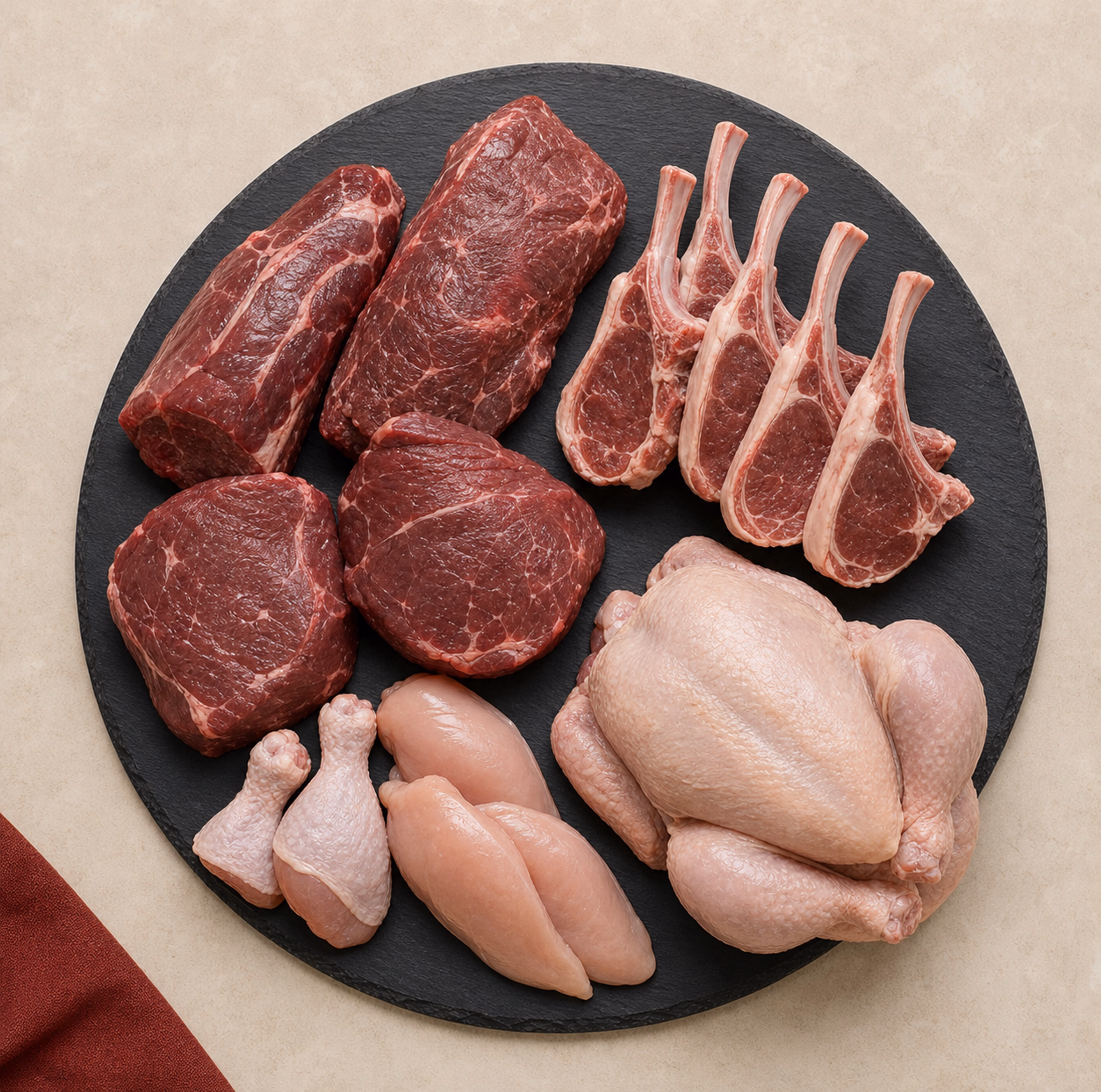 Assiette ronde de découpes de bœuf, agneau et volaille